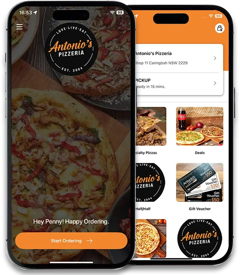 Deliverit mobile app showing login and menu screens for Antonio's Pizzeria