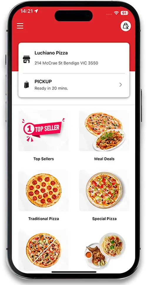 Deliverit mobile app showing menu for Luchiano Pizza