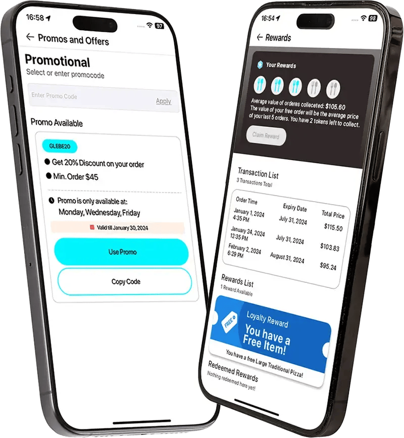 Deliverit mobile app showing promos and loyalty for Ribs and Pizza