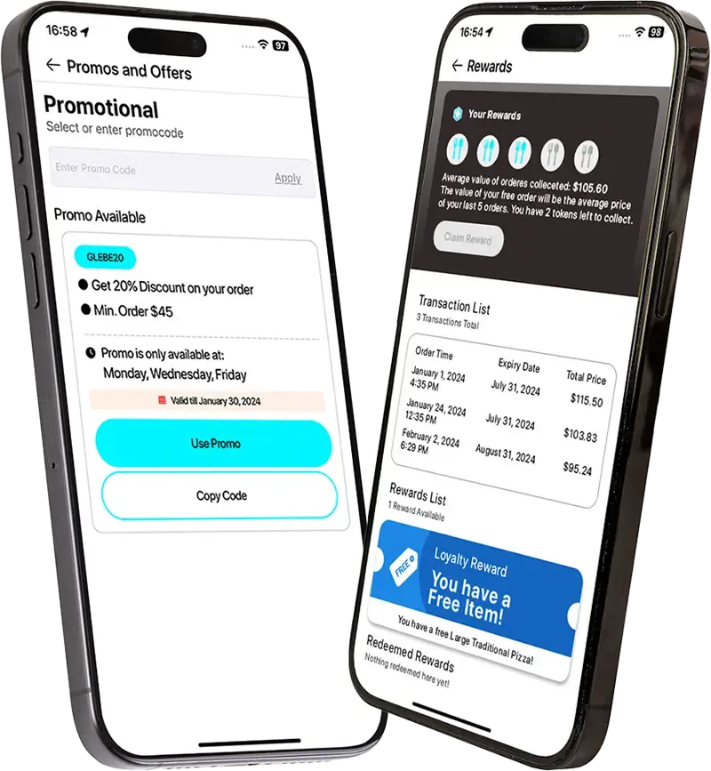 Deliverit mobile app showing promos and loyalty for Ribs and Pizza